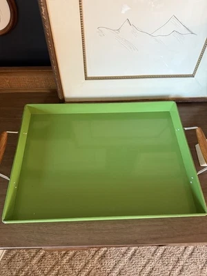 Pottery Barn Serving Tray With Handles Green Metal With Wood Handles 19 X 14 - Image 1 of 4