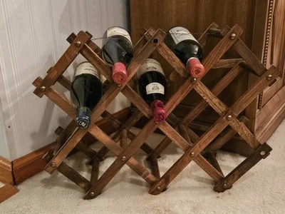 Vintage Wooden Expandable Wine Rack Folding Countertop Bottle Holder Mid Century - Image 1 of 4