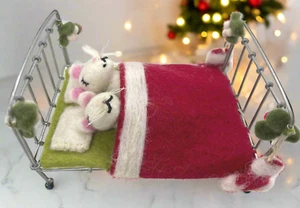 Primitive Farmhouse Christmas Felted Mice in Bed waiting on Santa Handcrafted - Picture 1 of 6