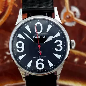Uhr UdSSR RAKETA Big Zero Black Dial Vintage Armbanduhr Mechanismus 2609.HA - Bild 1 von 16