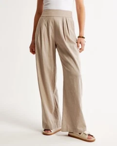 Abercrombie & Fitch Linen Blend Ultra Wide Leg Pants Brown Beige Tan sz XS Short - Picture 1 of 9