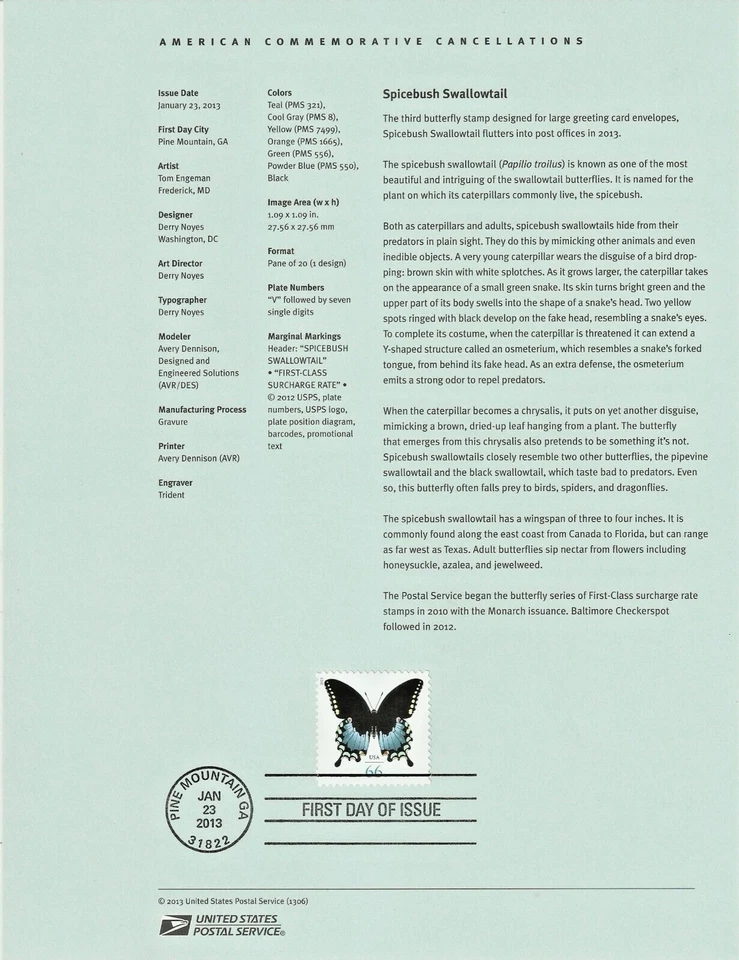 USA Stamps: 2013 Spicebush Swallowtail Butterfly Souvenir  SP 1874 , SC 4736 - Image 1 of 1