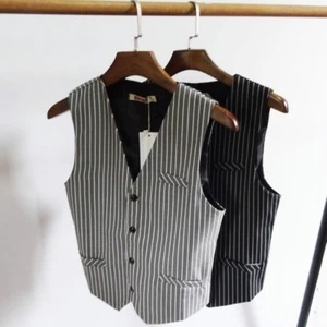 Men Stripe Waistcoat Suit Vest Cotton Slim Fit Business Casual Formal Solid Cool - Picture 1 of 13