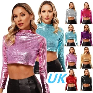 UK Women's Shiny Metallic Crop Tops Long Sleeve Holographic Sequin Tops Pullover - Picture 1 of 106