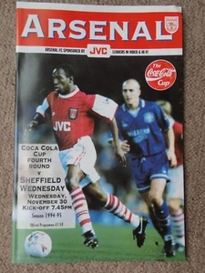 Football programme ARSENAL vs SHEFFIELD WEDNESDAY LEAGUE CUP 30th nov 1994 - Picture 1 of 2