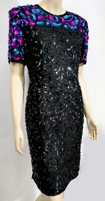 Vintage Stenay Silk Dress Sparkling Sequin Blue Pink L - Image 1 of 4