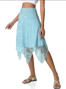 Womens Lace Midi Skirt Elegant Waist Stretchy Mesh Flowy Long Skirt BLUE - Picture 1 of 3