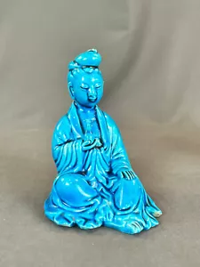 "Estatuilla Estatua China Azul Turquesa Esmaltada 4 1/2"" GUANYIN Porcelana c. siglo XX" - Imagen 1 de 15