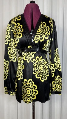 INC 100% Silk Black With Golden Pattern ￼Top Blouse Long Sleeve Women Size 6 - Image 1 of 3