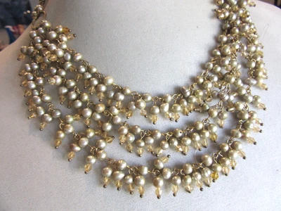 Brass BIB necklace with tan dyed pearl and gold glass beads - 17" long - Image 1 of 4