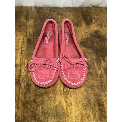 Minnetonka X Hello Kitty Moccasin Shoes Pink Suede Fringe Kawaii Boho Size 6.5 - Image 1 of 4