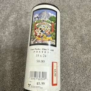 "Póster de Walt Disney World Four Parks One World 1999 con tubo original 18"" X 24""" - Imagen 1 de 3