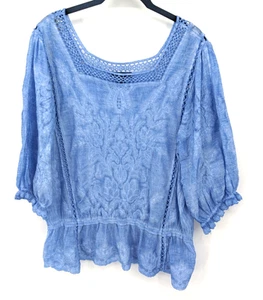Democracy Bluse Damen XL blau bestickt Bauern Oberteil Boho 3/4 Arm Baumwolle - Bild 1 von 10