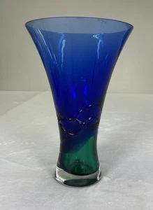 Makora Krosno Poland Hand Blown Cobalt Blue & Green Trumpet Art Glass Vase 12.5" - Picture 1 of 6