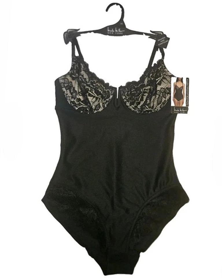 Body modelador de mergulho Nicole Miller New York tamanho G preto contraste renda MSRP $48 - Imagem 1 de 1