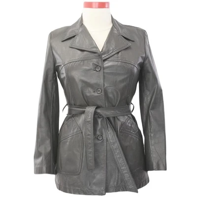 Abrigo occidental vintage de cuero gris grafito años 70 para mujer chaqueta Rockabilly con cinturón L Foto 1 de 4