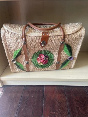 Bolso de Mano Acapulco Tejido Bordado Paja Picnic Playa Correas de Cuero de Mimbre Foto 1 de 4