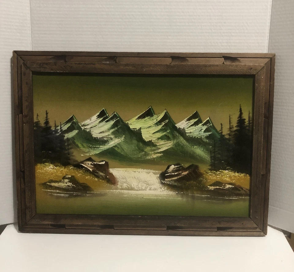 Vintage Landscape Painting On Velvet Hand carved Wood Frame Made In Mexico  - Image 1 of 4