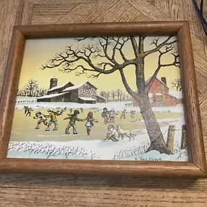 H. Hargrove Signed Canvas Winter Scene Old Buildings Snowman Ice Skating 42/90 - Picture 1 of 9