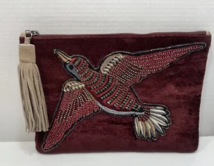 SAM EDELMAN CAROL BURGUNDY VELVET BIRD IN FLIGHT TASSLE BEADED RHINESTONE CLUTCH - Bild 1 von 7