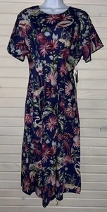 Abito midi Kensie taglia 2 stampa fenicottero blu navy rosa plissettato aderente e svasato nuovo con etichette - Foto 1 di 14