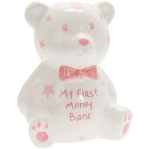 My First Money Bank Teddy Ceramic Money Box White with Pink Stars Gift Boxed - Picture 1 of 2