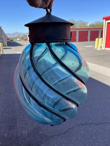 Vintage Caged Blown Glass Greenish Blue Hanging Lantern Cover