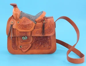 VTG Women's 50s 60s Brown Saddle Motif Tooled Leather Hand Bag / Purse Western - Picture 1 of 13