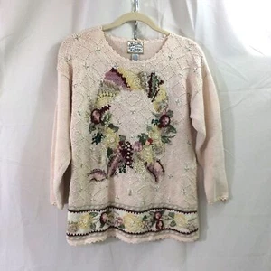 Vintage 90s Heirloom Collectibles Fruit Wreath Sweater L Ramie Cotton Beaded - Picture 1 of 4