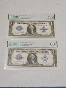 1923 $1 SILVER CERTIFICATE FR#237 PMG 63 EPQ -PAIR OF SEQUENTIAL SERIAL NUMBERS - Picture 1 of 18