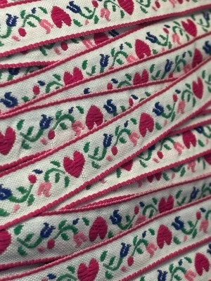 Embroidered Jacquard Ribbon Floral & Pink Hearts By The Yard 1/2" Wide Vintage - Image 1 of 4