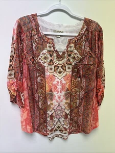 Energe’ World Wear 3/4 Sleeve Orange Paisley Vneck Peasant Shirt Women’s Sz 1X - Picture 1 of 12
