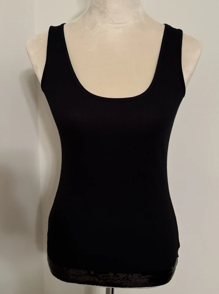 Camiseta sin mangas vintage Y2K Express Holiday negra lentejuelas algodón pima talla grande nueva con etiquetas Foto 1 de 4