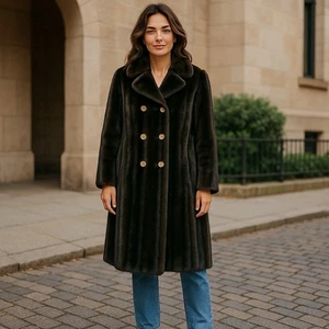 Vtg Faux Fur Coat M Penny Lane Brown Mid Length Straight Line Paris France - Picture 1 of 18