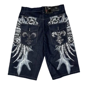 NEW Y2K RAW BLUE Denim Lightning Jeans Shorts Size 34 Embroidered Baggy Hip Hop - Picture 1 of 19