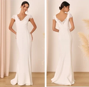 Lulus Forever Beloved Maxikleid weiß Spitze Flügelärmel Meerjungfrau Größe Large Braut - Bild 1 von 8