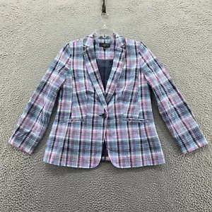 Talbots Womens Linen Blend Jacket Blazer 6 Petite Blue Pink Plaid Preppy - Picture 1 of 12