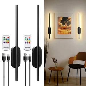 Wall Light Sconces LED 2PCS Battery Wireless Home Lamp Fixtures Remote Indoor - Picture 1 of 11