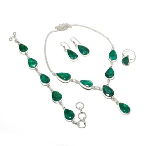 Faceted Zambian Emerald Pear Gemstone Ethnic 925 Sterling Silver Jewelry Set A46 - Picture 1 of 6