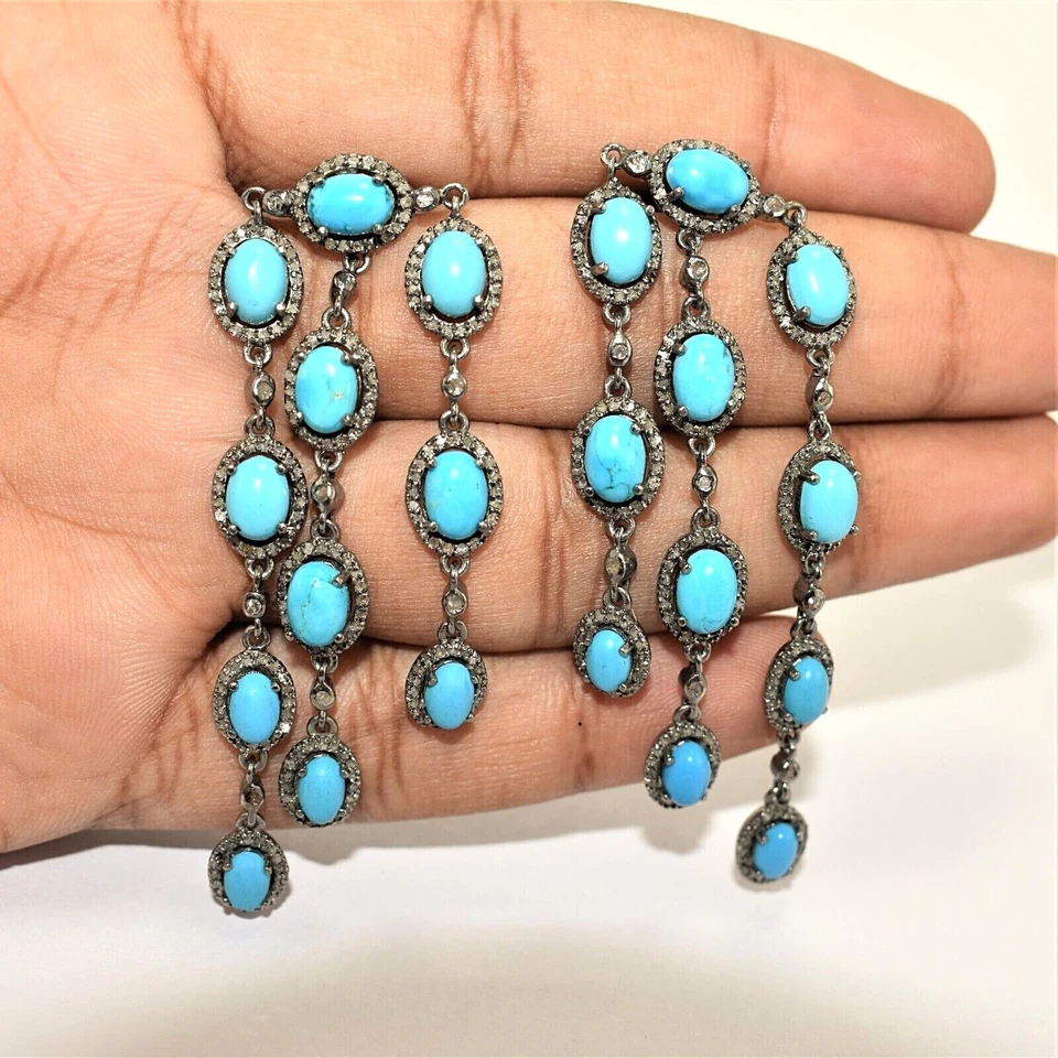 Pave Diamond And Turquoise Earrings 925 Sterling Silver Victorian Jewelry - Image 1 of 4