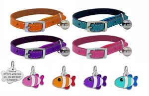 Leather Cat Collar with Safety Elastic, Bell & Personalised Engraved Fish Tag ID - Picture 1 of 19
