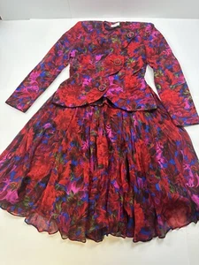 80s VINTAGE Peplum RAUL BLANCO Silk Retro Jacket skirt Size 4 Floral - Picture 1 of 12
