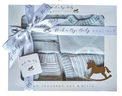 ROCK A BYE BABY BOUTIQUE BABY BOYS KNITTED OUTFIT CAR DESIGN SPANISH BLUE PRAM GIFT SET BOY 0-6 MONTHS