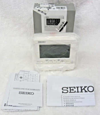 New Seiko LCD LED light Everything  Bed Table Alarm Clock QHL086W White 3.5" NIB - Image 1 of 4