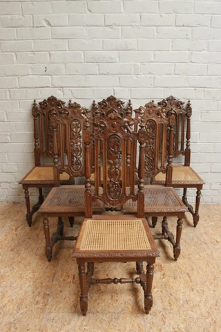 Set of 6 Carved French Oak Hunt Chairs Cover