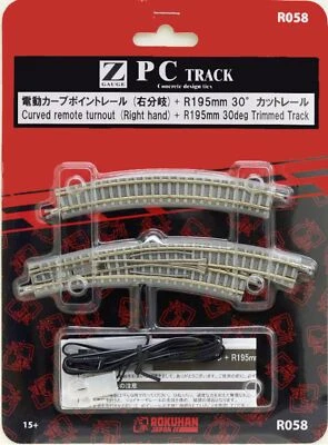 Rokuhan Z Gauge R058 Curved remote turnout (Right) + R195mm 30 deg Trimmed Track - Image 1 of 3
