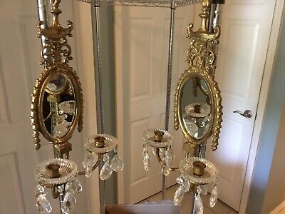 2 Antique Brass/bronze Mirror Wall Sconces W Candle Holders 23” And Crystals • 159.98$