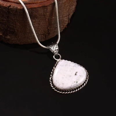 925 Argento Sterling Cubico Bianco Gemma Lunetta Pendente Con 43.2cm Catena - Immagine 1 di 4