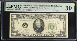 1950 $20 Philadelphia Federal Reserve Note PMG Graded Cute Lines on Bill - Picture 1 of 2