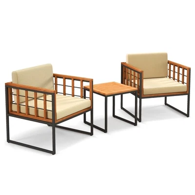 3 PCS Patio Chair Set Acacia Wood Sofa Set w/ Metal Support Soft Seat Cushions - Image 1 of 4